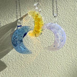 Handmade Glass Crescent Moon Pendant Necklace – Celestial Jewelry, Moon Phase Charm, Crescent Moon Design in Yellow, Blue, and purple
