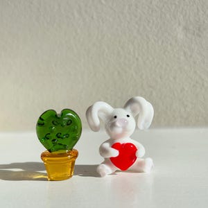 Handmade mini bunny Glass Figurine, Blown Glass rabbit , rabbit with heart,Art Glass Animals, pocket bunny, valentines gifts, stockings gift