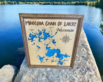 Minocqua Chain of Lakes, Wisconsin wood lake map with frame, Lake House Decor, Personalized Gift, Any Lake, Customizable, Family Wall Art,