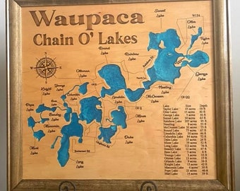 Waupaca Chain O'Lakes, Wisconsin wood lake map with frame
