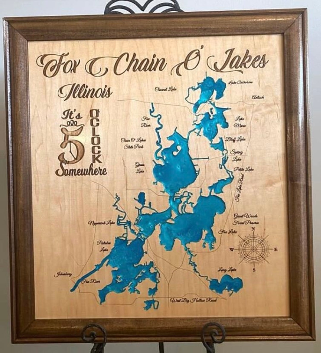 Fox Chain O'lakes Illinois Wood Lake Map With Frame Etsy