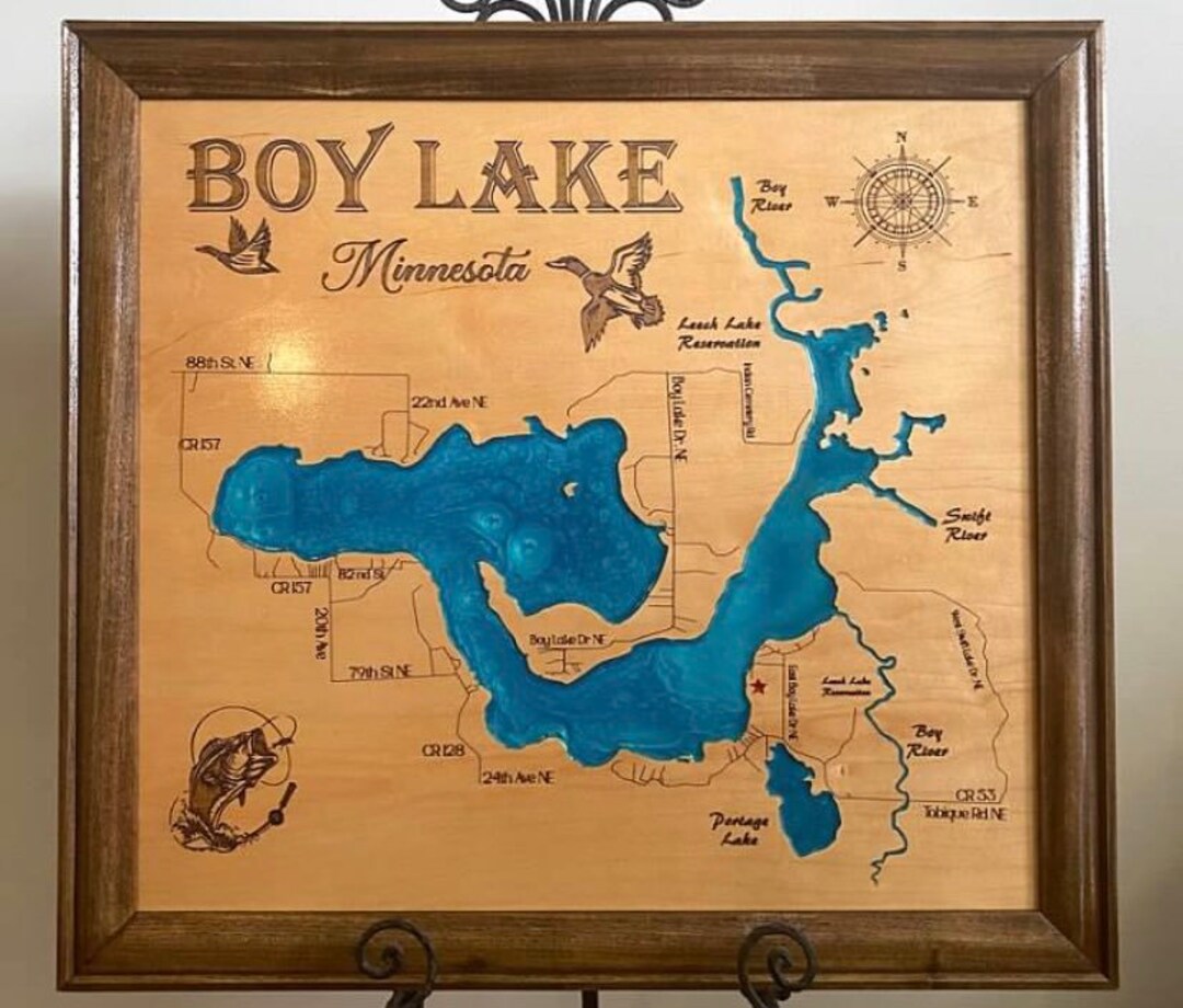 Boy Lake Minnesota Wood Lake Map With Frame Etsy