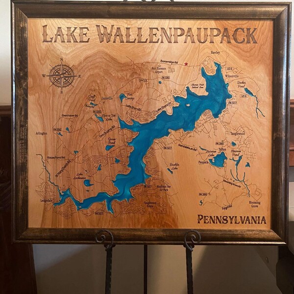 Lake Wallenpaupack, Pennsylvania wood lake map with frame, Lake House Decor, Personalized Gift, Any Lake, Customizable, Family Wall Art,