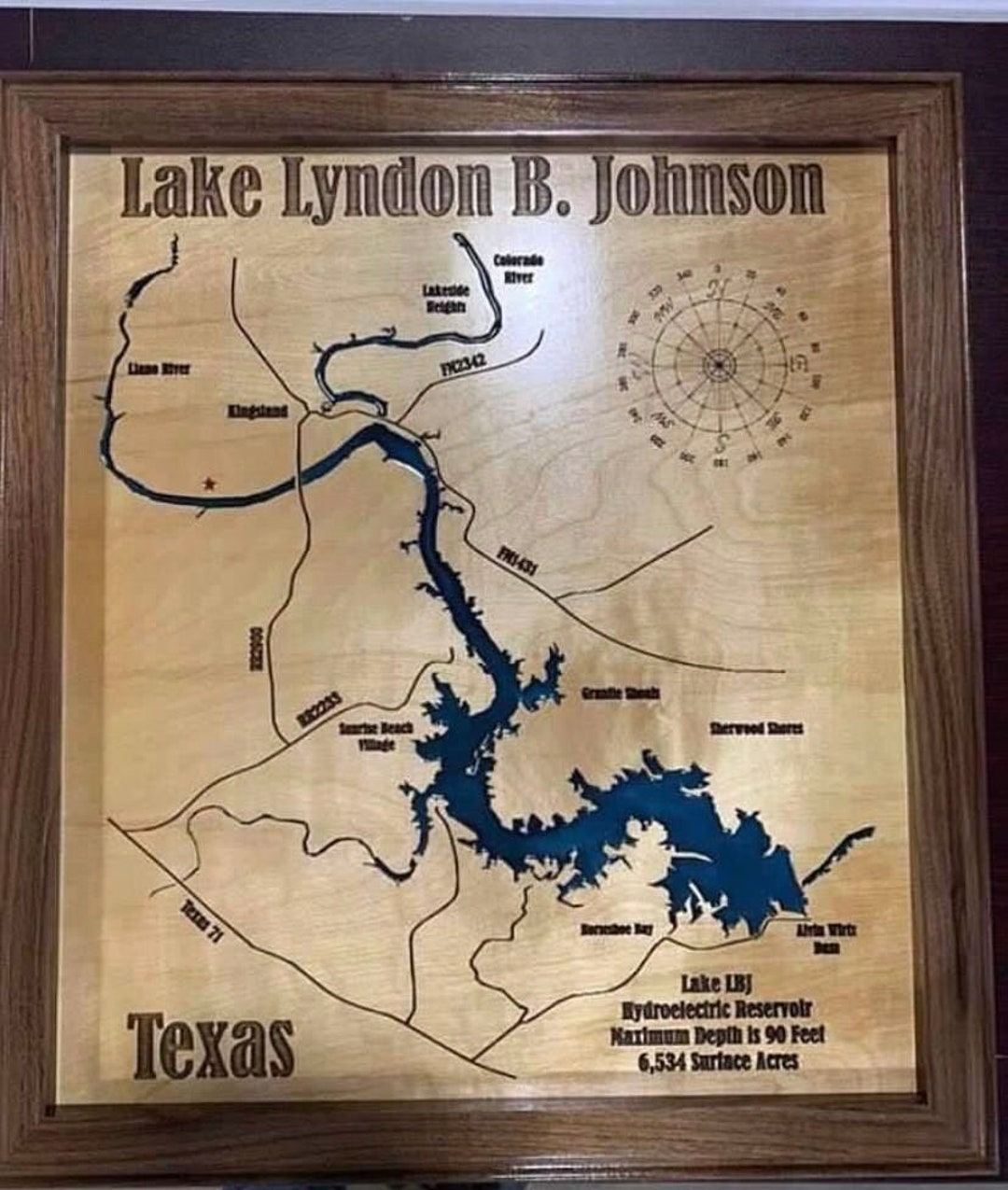 Lake Lyndon B Johnson Texas Wood Lake Map With Frame - Etsy