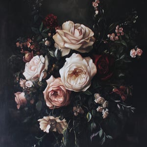 Baroque Floral Still Life Print | Dark Botanical Wall Art | Romantic Roses & Blooms | Vintage Oil Painting Style | Moody Home Decor