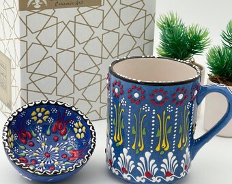 Handmade Authentic Anatolian Motifs -10 cm Ceramic Mug and 8 cm Bowl Set (Navy Blue)