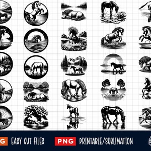 Pferdesee SVG-Bundle, Pferdesee Clipart, Pferde Silhouette, Pferdeszene svg, Wildpferd Fluss svg, Wildpferd svg, Fluss svg, Cut File Silhouette