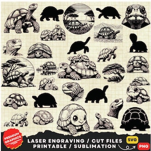 May include: A collection of 25 black and white turtle illustrations. The turtles are in various poses, including walking, swimming, and resting. The illustrations are perfect for laser cutting, engraving, or sublimation projects.