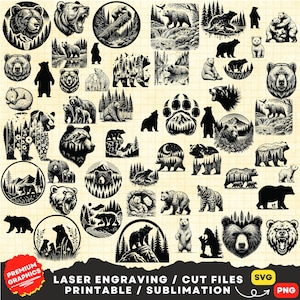 112 Bear SVG-bundel, Bear Scene Svg, Baby Bear Svg, Bear Lasergesneden, Bear Head Svg, Bear Clipart PNG, Roaring Bear Svg, Bear silhouet.