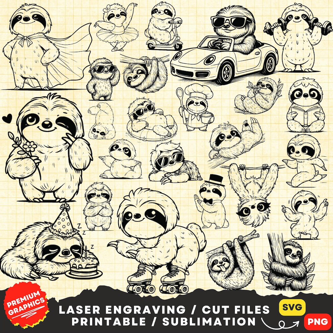 Funny Sloth Svg, Cute Sloth Svg, Sloth Svg Clipart Png Print, Cartoon Sloth Svg, Sloth Laser Cut ...
