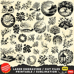 May include: A collection of black and white Japanese-themed graphics, including cherry blossoms, a bicycle, a sleeping fox, a bridge, and a traditional building. The text "LASER ENGRAVING / CUT FILES PRINTABLE / SUBLIMATION" is also included.