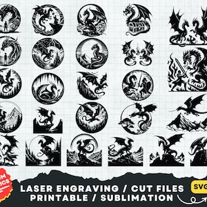 May include: A set of 25 black and white dragon SVG and PNG cut files for laser engraving, printable, and sublimation projects. The designs feature dragons in various poses, including flying, sitting, and holding treasure.