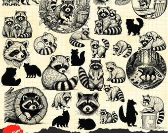 30 Raccoon SVG, Raccoon Png, Clipart Raccoon, Raccoon Silhouette, Raccoon Head Svg, Raccoon Laser Cut File, Raccoon Bundle, Trash Panda svg