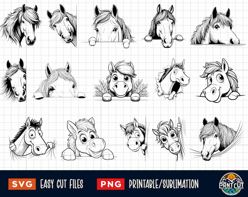 May include: A set of 12 black and white digital illustrations of horses peeking over a surface. The horses are in various poses and expressions, some with cartoonish features. The illustrations are suitable for use in crafting projects, digital designs, and other creative endeavors.