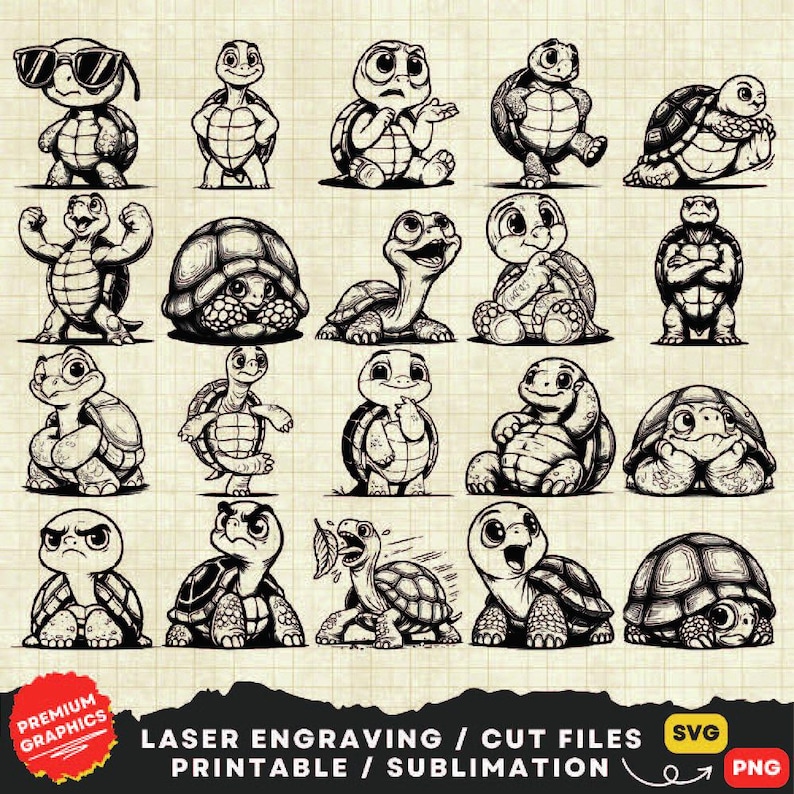 May include: A set of 20 black and white digital illustrations of turtles in various poses. The illustrations are perfect for laser engraving, cutting, printing, or sublimation projects.