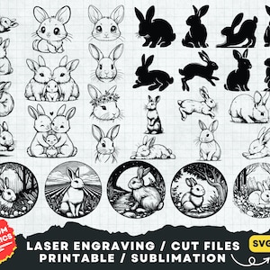 Joli lapin Svg, lot de Svg lapin, Svg de lapin, lapin Png Clipart, Svg tête de lapin, fichier découpé au Laser de lapin, Silhouette de lapin, impression de lapin