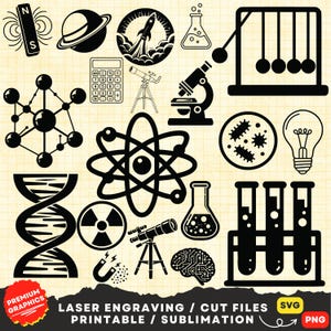 Könnte beinhalten: Schwarz-weiße Grafiken mit wissenschaftlichem Thema, darunter eine Rakete, ein Atom, ein Mikroskop und Reagenzgläser. Der Text "LASER ENGRAVING / CUT FILES PRINTABLE / SUBLIMATION" ist ebenfalls enthalten.