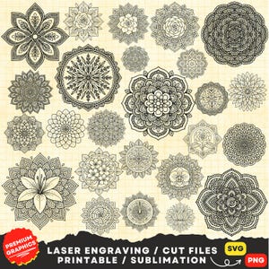 May include: A collection of black and white mandala designs in various floral and geometric patterns. The designs are arranged on a light yellow grid background. Text at the bottom reads "LASER ENGRAVING / CUT FILES PRINTABLE / SUBLIMATION".