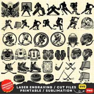 Pacote de hóquei Svg, hóquei Svg, hóquei no gelo Svg, jogador de hóquei Svg, logotipo de hóquei, arquivos de corte a laser de hóquei, silhueta de hóquei, clipart de hóquei Png