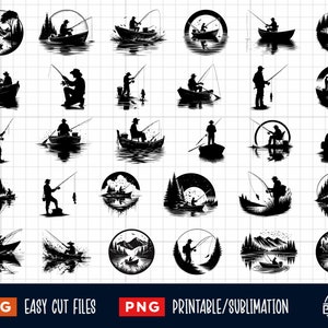 30 Pescador en barco SVG, pesca svg, pesca clipart, pesca png, pescador svg, escena de pesca svg, barco de pesca svg, pescador hombre svg png
