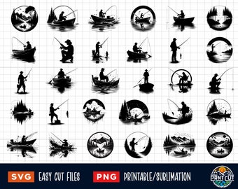 30 Fisherman in Boat SVG, Fishing Svg, Fishing Clipart, Fishing Png, Fisherman Svg, Fishing Scene Svg, Fishing Boat svg, Fisher Man Svg Png