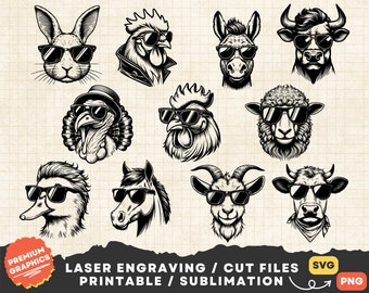 Farm Animals with Sunglasses Svg, Animal sunglasses svg, Cool Farm Animal, Funny Farm Animals Svg, Clipart Animals Png Print, Animals Laser