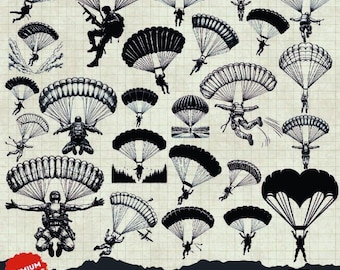May include: A set of 25 black and white silhouette illustrations of skydivers with parachutes. The illustrations are in a vintage style and are perfect for use in scrapbooking, card making, or other craft projects.