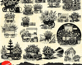 20 Flower Cart Svg, Wildflower Cart Svg, Laser Cut Flower Cart, Flower Cart Clipart Png, Wildflower Laser Cut, Floral Cart Svg, Flowers svg