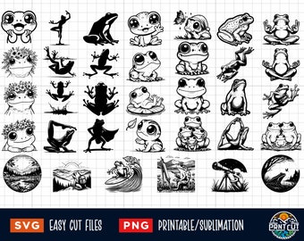 34 Cute Frog SVG PNG Bundle, Frog Svg, Toad Svg, Frog outline, Frog Print, Frog head svg, Frog face Svg, Frog Cut Files Silhouette Clipart