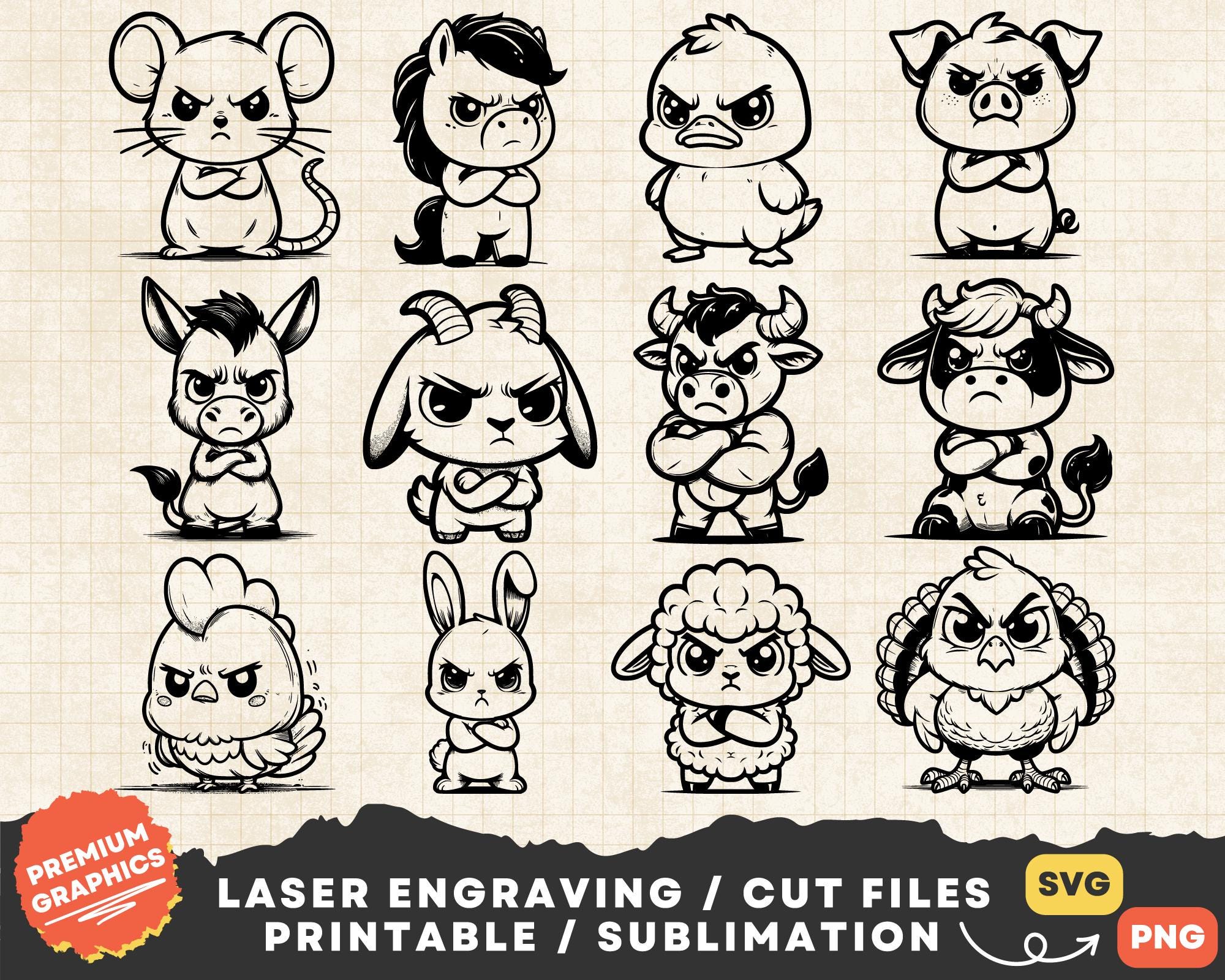 Angry Farm Animals Svg Bundle, Farm Animal Svg, Funny Farm Animals Svg, Clipart Farm Animals Png Print, Farm Animals Laser Cut File, Animal