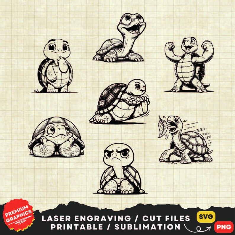 May include: Set of 7 black and white cartoon turtle illustrations. The turtles are in various poses, including walking, sitting, and looking up. The illustrations are perfect for use in crafts, scrapbooking, or digital design.