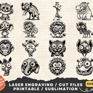 Safari Animals Svg Bundle, Crazy Animals Svg, Funny Animals Svg, Clipart Crazy Animals Png Print, Animals Laser Cut File, Crazy Animal Head