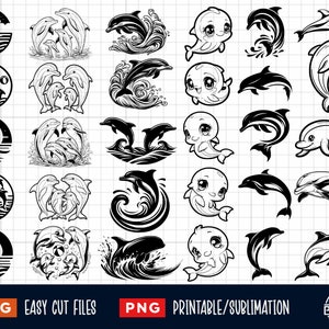 Lot de 30 dauphins Svg Png, Svg dauphin, bébé dauphin, Svg famille dauphin, dauphin des cliparts, Silhouette de dauphin, dauphin couper fichier Cricut.