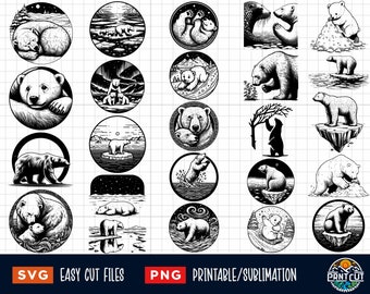 Op de afbeelding: Een verzameling zwart-wit illustraties van ijsberen in verschillende cirkelvormige ontwerpen. De afbeeldingen tonen ijsberen in verschillende poses, waaronder met jongen, op ijsschotsen en in natuurlijke omgevingen. De tekst "SVG", "Easy Cut Files", "PNG" en "Printable/Sublimation" is ook aanwezig.