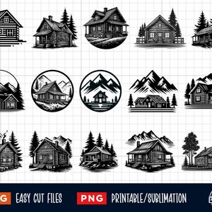 15 Log Cabin Svg Png Bundle, Mountain House svg, Wood House Svg, House Woods Svg, Rustic Cabin Svg, House Forest Svg, House Mountain Svg,