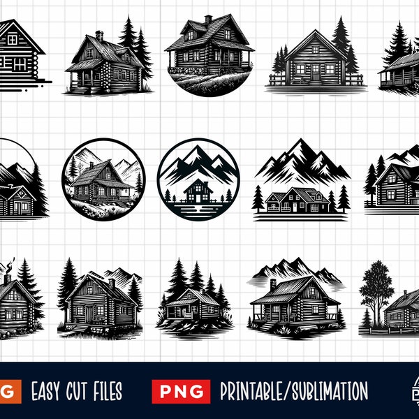 15 Log Cabin Svg Png Bundle, Mountain House svg, Wood House Svg, House Woods Svg, Rustic Cabin Svg, House Forest Svg, House Mountain Svg,