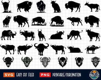 Paquete SVG de 30 bisontes, bisonte svg, búfalo svg, bisonte png, cabeza de bisonte svg png, archivo de corte de bisonte, silueta de bisonte, imágenes prediseñadas de bisonte, bisonte cricut