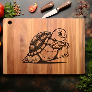 May include: A wooden cutting board with a laser engraved design of a cartoon turtle with a cute expression. The turtle is running and has a brown shell with black markings.