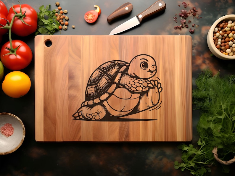May include: A wooden cutting board with a laser engraved design of a cartoon turtle with a cute expression. The turtle is running and has a brown shell with black markings.