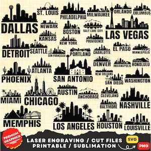 80 City Skyline Silhouette, Skyline svg, City Silhouette, Towers Skyscraper svg, US city Silhouette, City Skyline Png Clipart Laser
