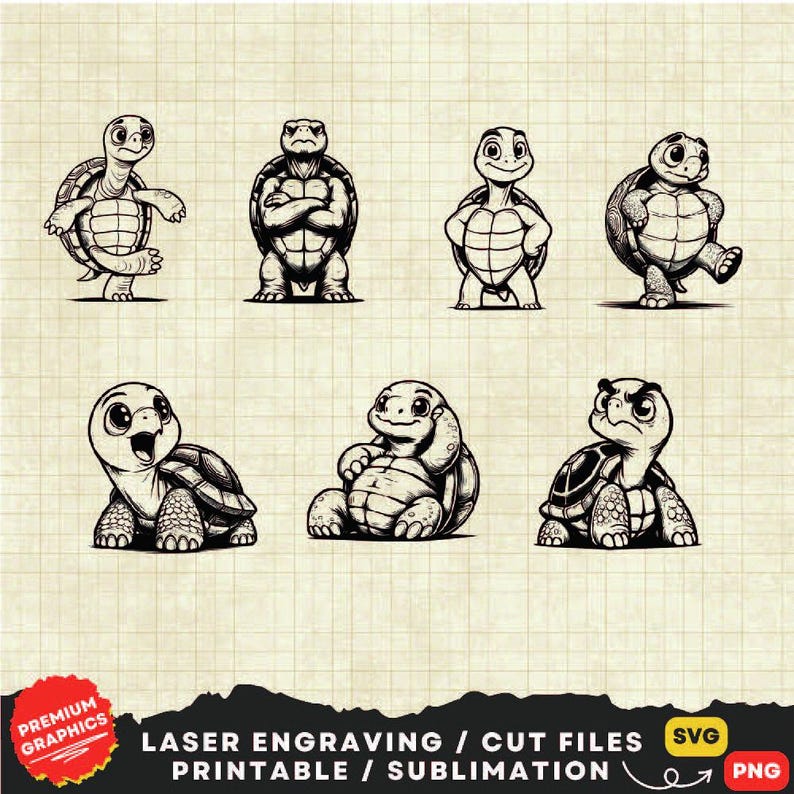 May include: Set of seven black and white line art illustrations of turtles in various poses. The turtles are drawn in a cartoon style with large eyes and expressive faces. The illustrations are perfect for use in crafting projects, scrapbooking, or digital design.