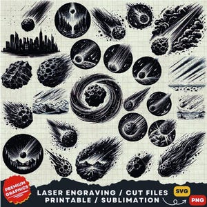 May include: A set of 25 black and white vector illustrations of comets and meteors. The illustrations are in a hand-drawn style and feature various sizes and shapes of comets and meteors. The illustrations are perfect for use in laser engraving, cutting, printing, and sublimation projects.