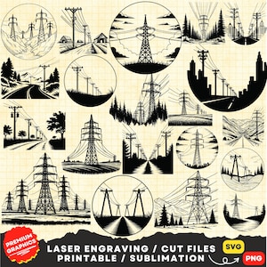 Pode incluir: Um conjunto de 18 ilustrações vetoriais em preto e branco de linhas elétricas e torres elétricas. As ilustrações estão em uma variedade de estilos, incluindo realistas, estilizados e abstratos. São perfeitas para usar em uma variedade de projetos, como design de sites, design de impressão e mídias sociais.
