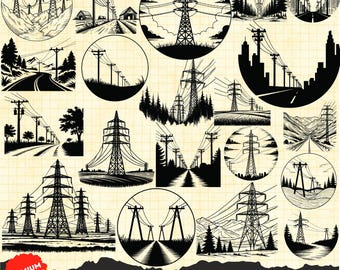20 Urban Power Lines svg, Utility Pole svg, Electric Transmission Towers Network Svg clipart, lineman Scene png svg, Urban Power lines Scene