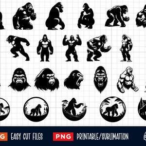Paquete de 25 gorilas, gorila enojado svg, cabeza de gorila svg, archivo de corte de gorila, silueta de gorila, imágenes prediseñadas de gorila, impresión de gorila, bigfoot svg