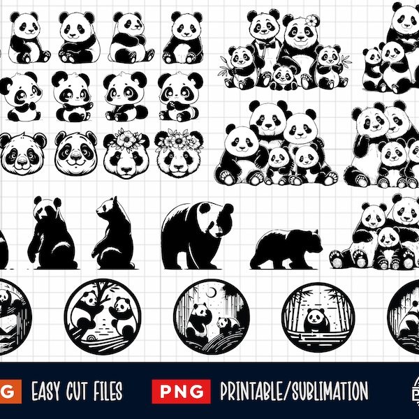 Lot de 30 pandas SVG PNG, Svg de pandas, bébé Panda Svg, Svg de famille de pandas, fichier de coupe Panda, Silhouette de panda, Panda Clipart vectoriel Cricut Print