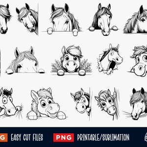 May include: A set of 12 black and white digital illustrations of horses peeking over a surface. The horses are in various poses and expressions, some are cartoonish and some are more realistic.