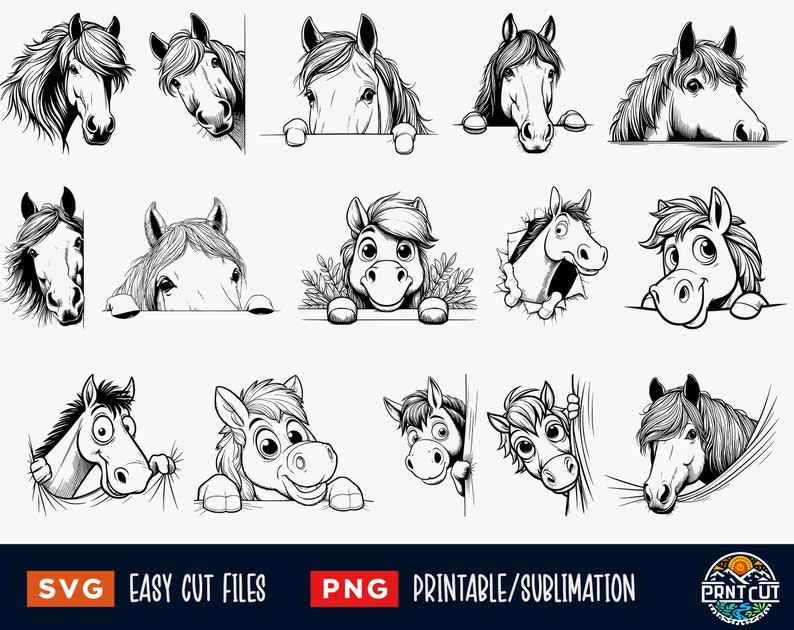 May include: A set of 12 black and white digital illustrations of horses peeking over a surface. The horses are in various poses and expressions, some are cartoonish and some are more realistic.