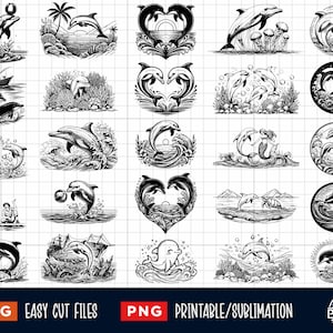 25 Dauphins SVG PNG, Dauphin scène Svg, Dauphin coeur svg, Svg scène océan, vie marine Svg, Svg scène mer, fichiers coupés Silhouette Clipart impression
