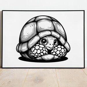 May include: Black and white line art illustration of a turtle with its head and legs tucked inside its shell.